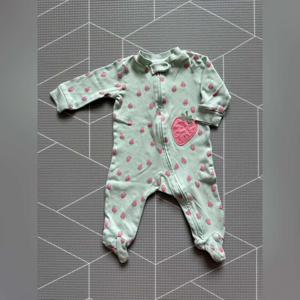 Carters|Baby girl Mint Green ditsy Strawberry Print Onesie,long sleeve footies•
